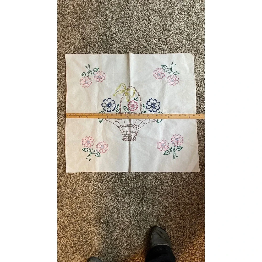 Vintage‎ Square Hand Embroidered White Cotton tablecloth Floral Basket Stains